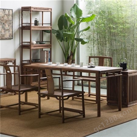 厂家定制实木茶台 榆木茶桌椅组合 新中式桌椅价格 青岛万千家具
