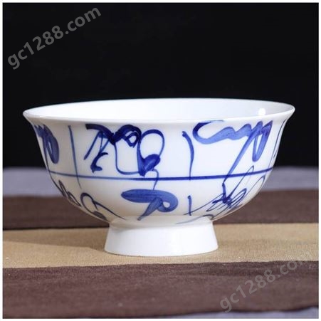 古典青花高脚陶瓷碗 手绘刀字纹碗 家用仿古蓝边碗定制