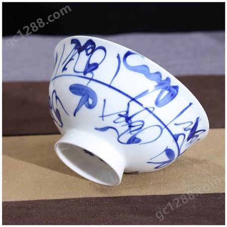 古典青花高脚陶瓷碗 手绘刀字纹碗 家用仿古蓝边碗定制