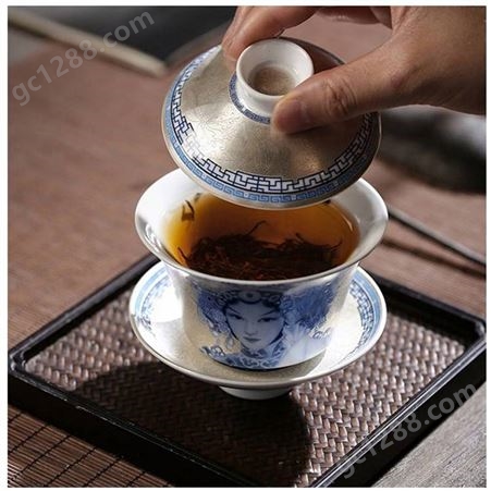 手绘青花珐琅彩本银扒花盖碗 3.7寸复古陶瓷茶碗