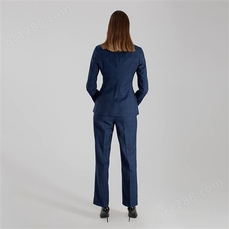 欧美2021年新款私人定制女装双排扣蓝色格子戗驳领小脚裤西服套装